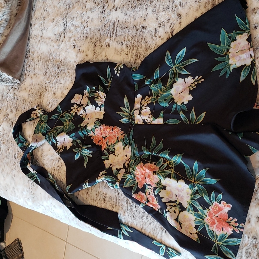 Navy floral open back halter romper